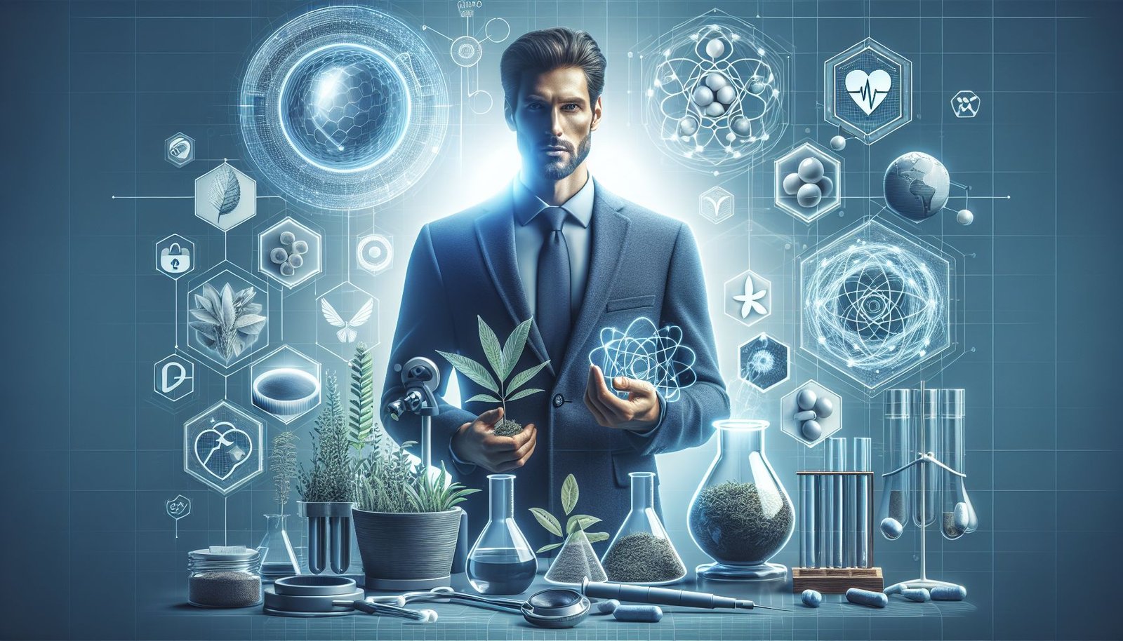 Illustration of potency enhancers, including natural supplements and prescription medication, with infographic elements on male health and sexual function.